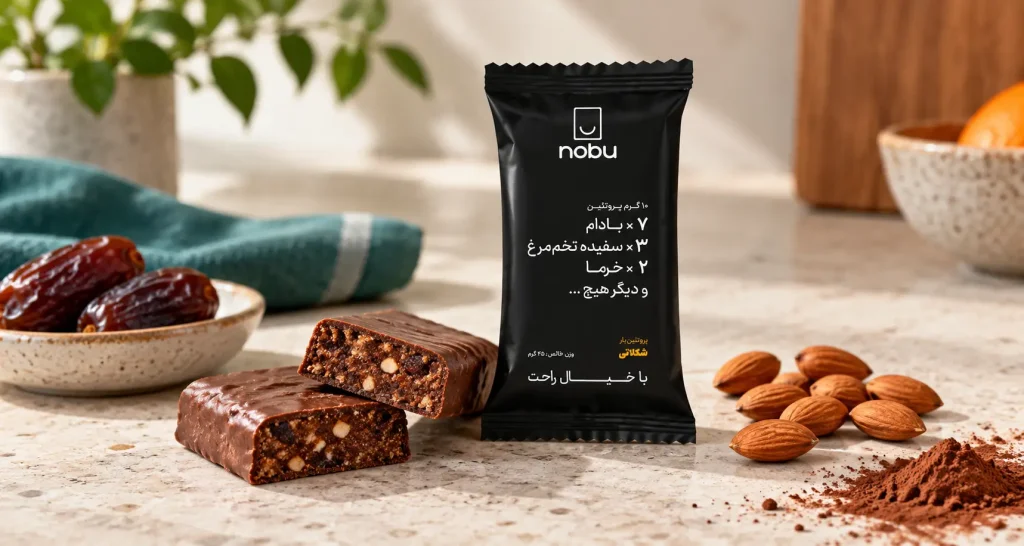 پروتئین بار شکلاتی نوبو کنار خرما، بادام و پودر کاکائو